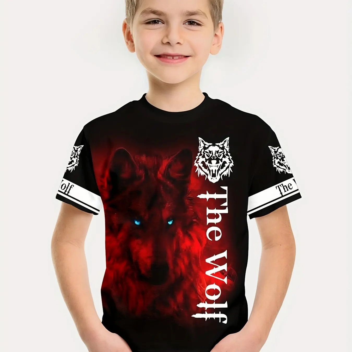 Camiseta de manga curta com impressão lobo para menino e menina, roupas casuais vintage, gola redonda, uso diário, verão