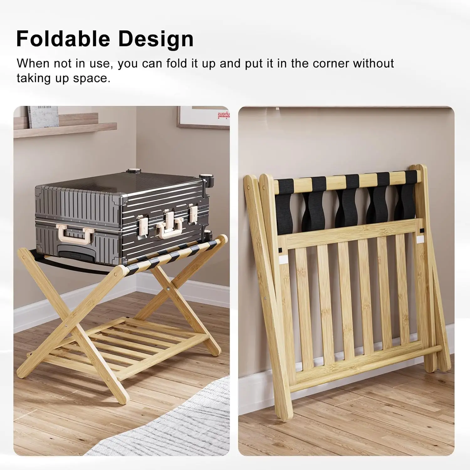 Fully Assembled Luggage Rack Pack of 2, Upgraded Bamboo Foldable Suitcase Stand with 5 Nylon Straps, Luggage Holder with Shelf f