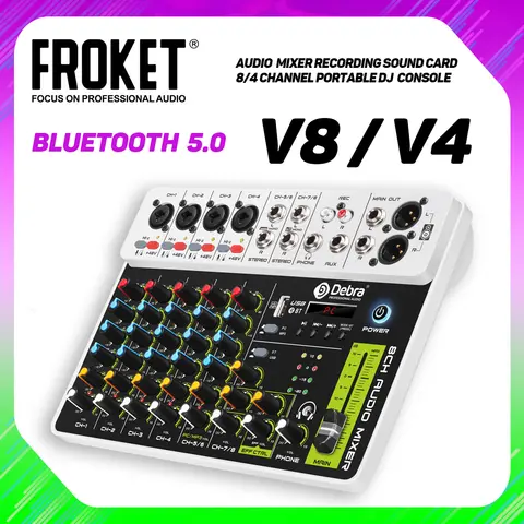 FROKET V8 오디오 믹서 DJ 컨트롤러 믹서, 5.0 Bluetooth 48V 팬텀 전원, 믹싱 콘솔 PC 녹음용 저바닥 소음