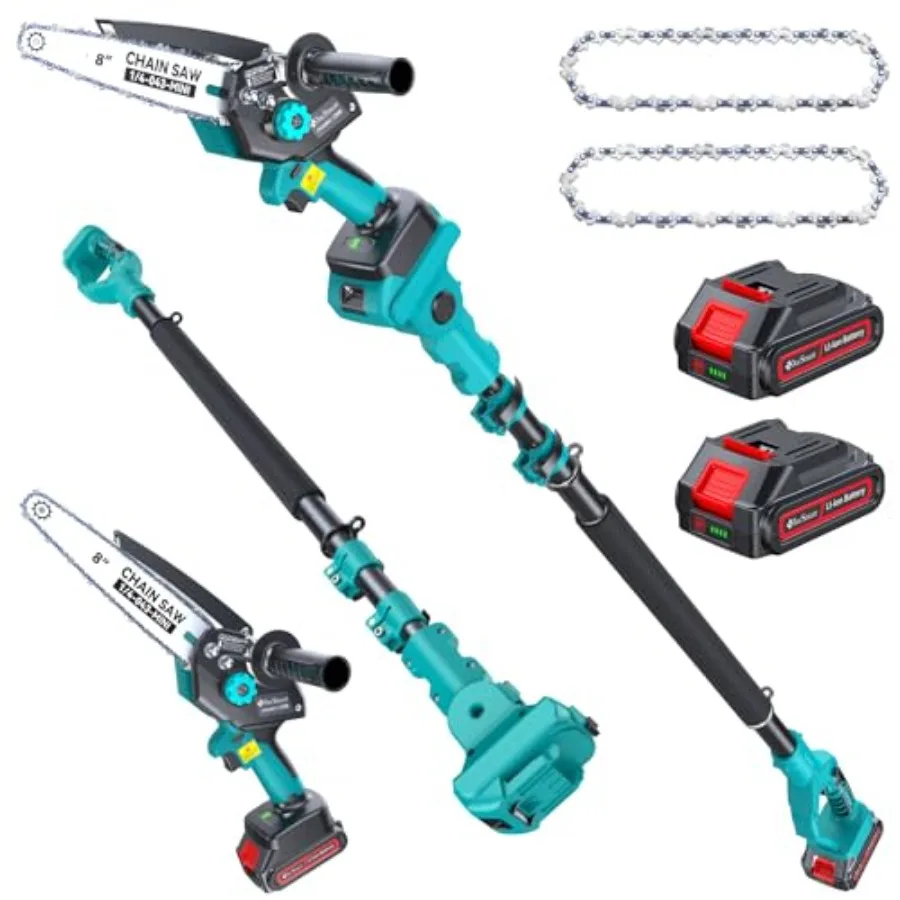 

8-дюймовая электрическая пила для обрезки высоких веток, бесщеточная мини-цепная пила, беспроводная, с удлинительной штангой, 2 аккумулятора, 2-в-1