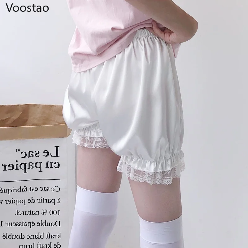 Cute Lolita Safety Short Pants Women Sweet Imitation Silk JK Bloomers Ruffles Lace Trim Panties Girly Pumpkin Shorts Pettipants