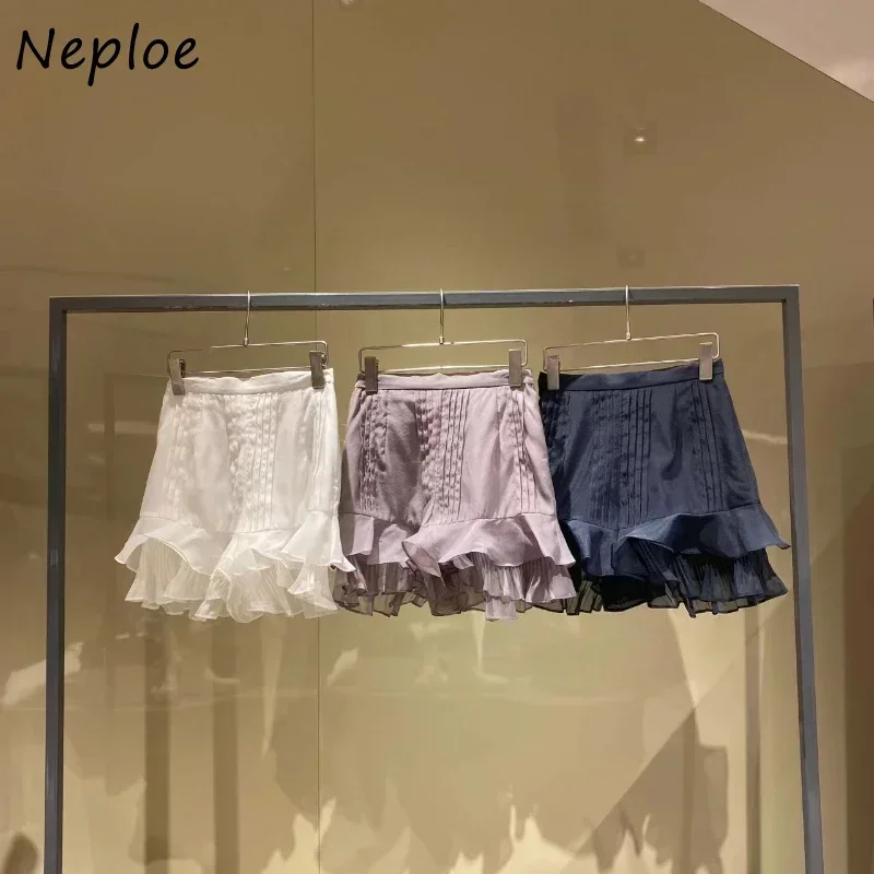 Neploe Japanese Moda Sweet Casual Ruffles Skirt Lace Ruched Solid Elegant Mujer Faldas Temperament Fresh Slim Fit Faldas