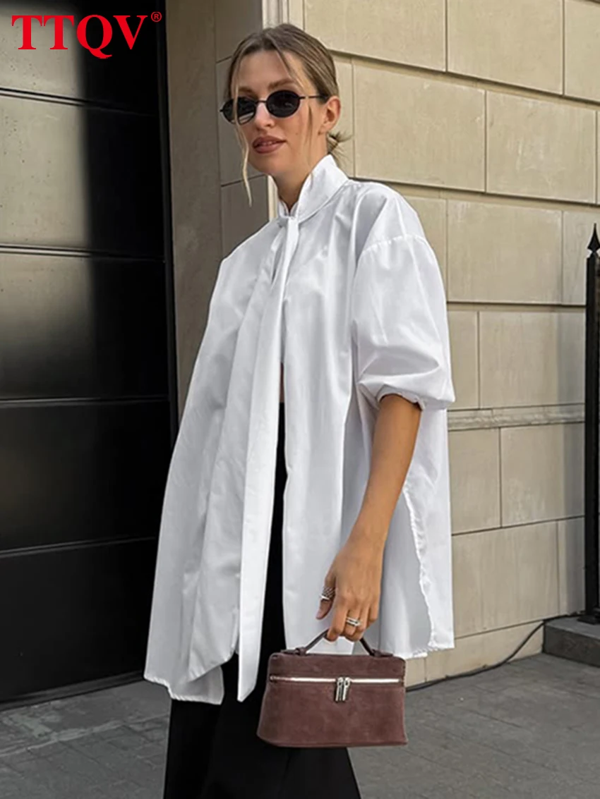 

TTQV Fashion Loose White Cotton Women's Shirt 2026 Spring Bow Collar Long Sleeve Blouse Elegant Classic Top Female Clothing