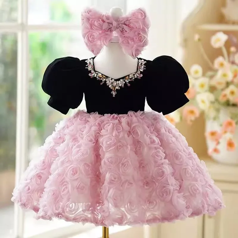 

High-End Children's Princess Ball Gown Flower Design Kids Clothes Wedding Birthday Baptism Party Girls Dresses 2T-10T A3680