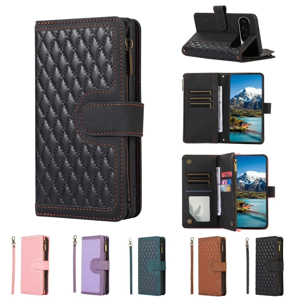 

Кожаный чехол для телефона с ромбовидным узором для Google Pixel 10 Pro XL Pixel 9 9A 8 8A 7 7A 6 6A, ремешок на молнии, держатель для карт, чехол-бумажник