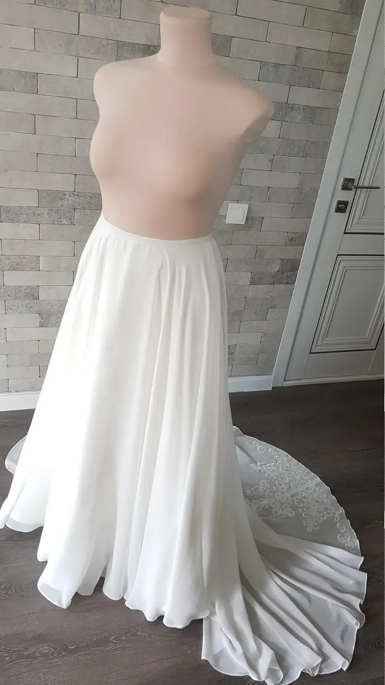 Saia de chiffon para casamento, saia com trem para separações de casamento, saia de chiffon com apliques removíveis