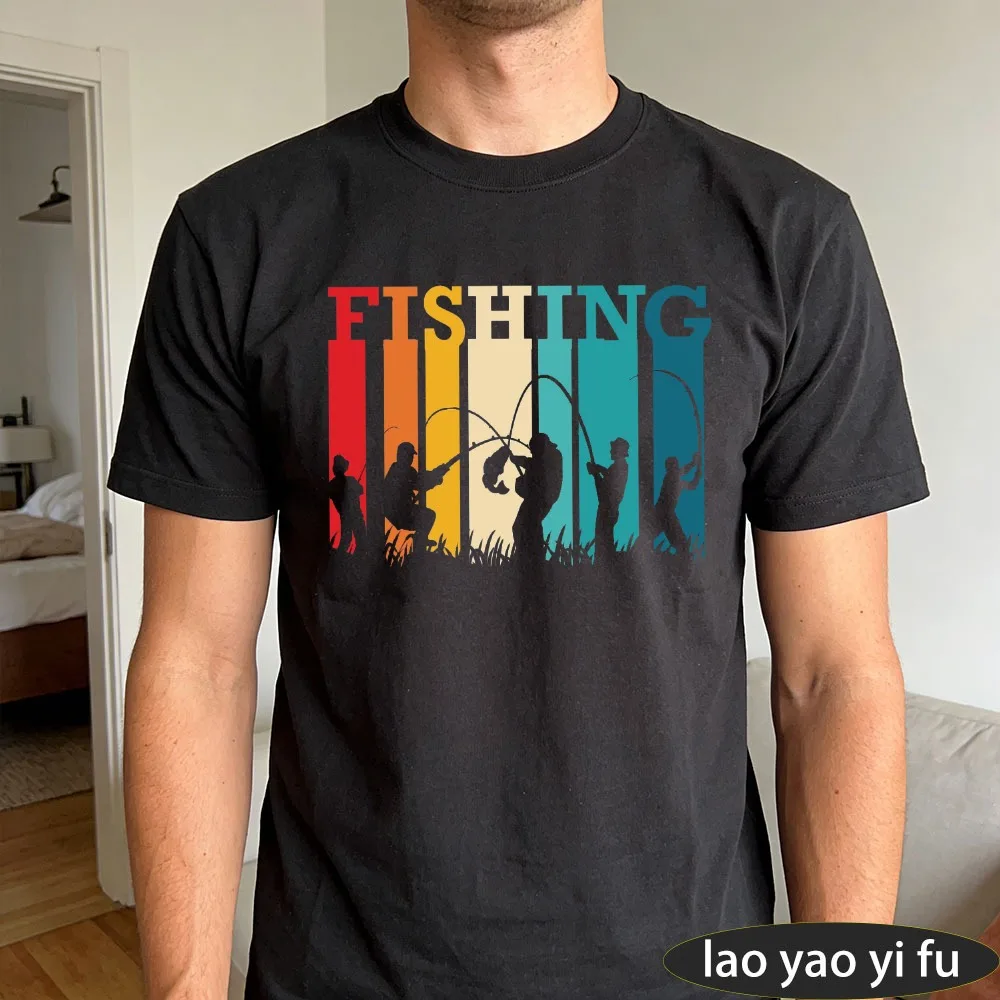 Vintage Retro Fishing Silhouette T-Shirt Men Classic Colorful Print Casual Cotton Short Sleeve Tee Fisherman Hobby Outdoor Tops