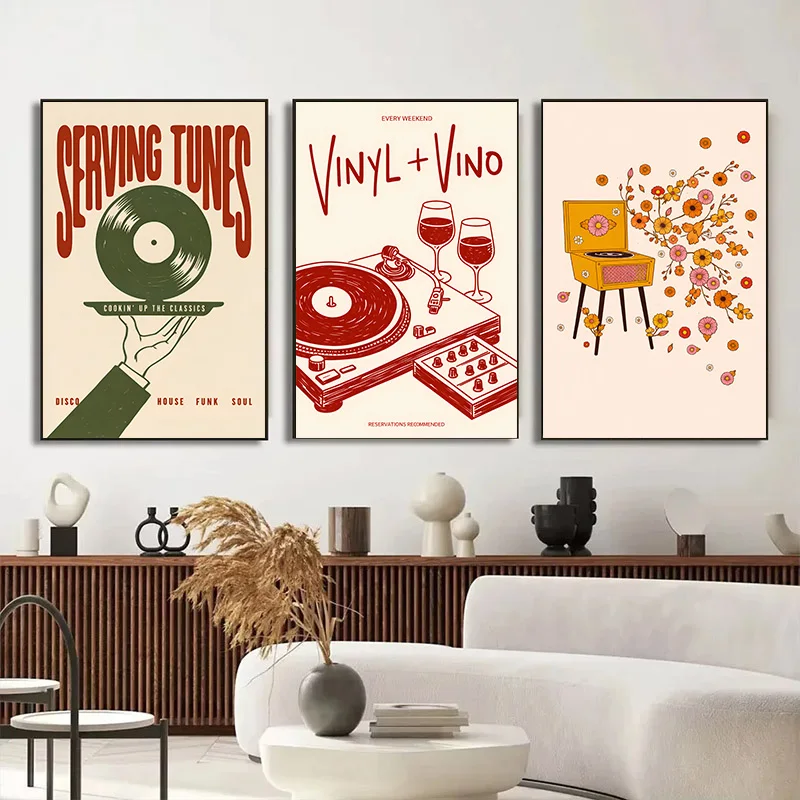 Vintage Music Canvas Poster Retro Turntable Cassette Floral Art Print Painting Wall Decor Living Room Bedroom Home Decoration