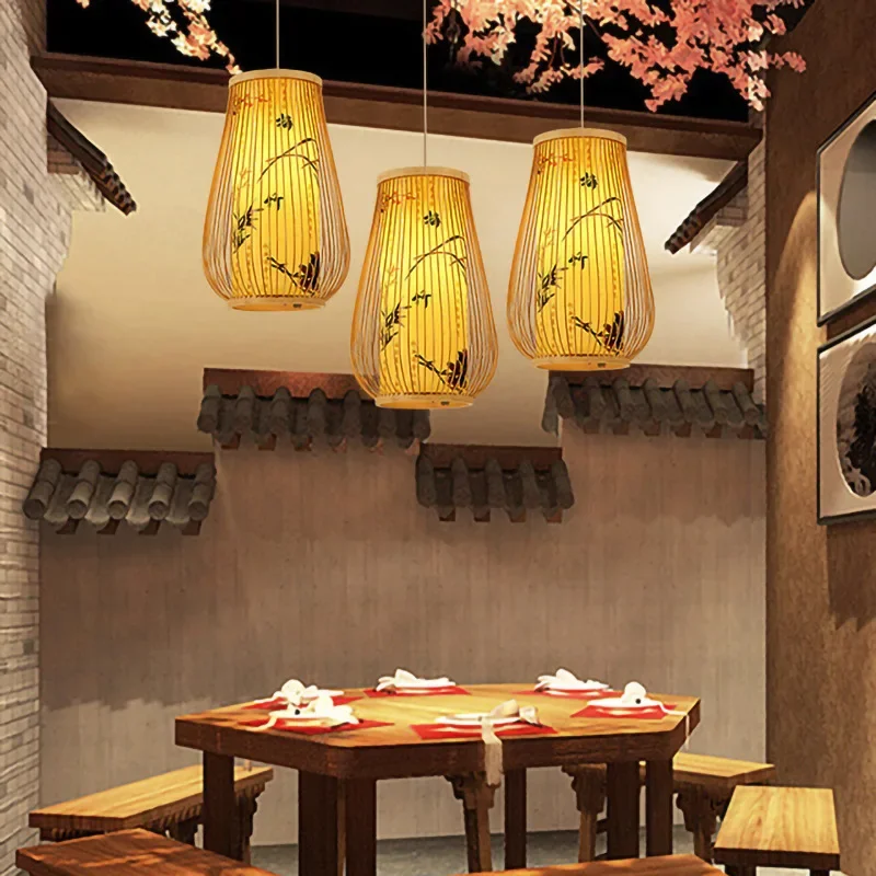 

MoModern Chinese Style Bamboo Chandelier Tea Room Rattan Hand-woven Lamps Creative Straw Hat Chandelier Woven Bamboo Lamp
