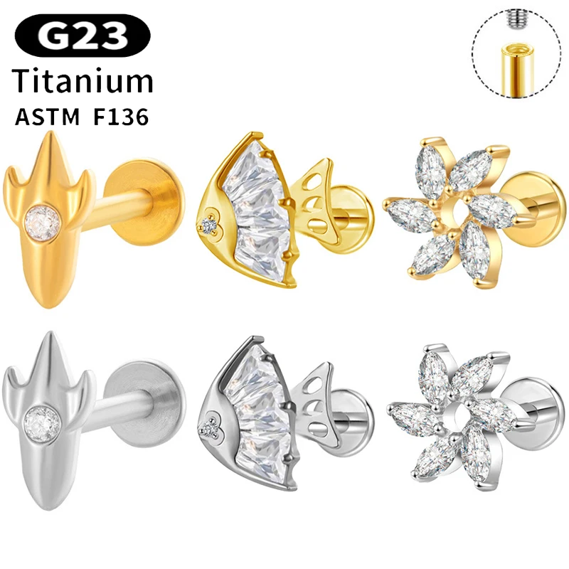 

1PC G23 Titanium Ear Studs Internal Thread Flatback CZ Flower Lip Tragus Stud Cartilage Helix Earrings Labret Piercing Jewelry