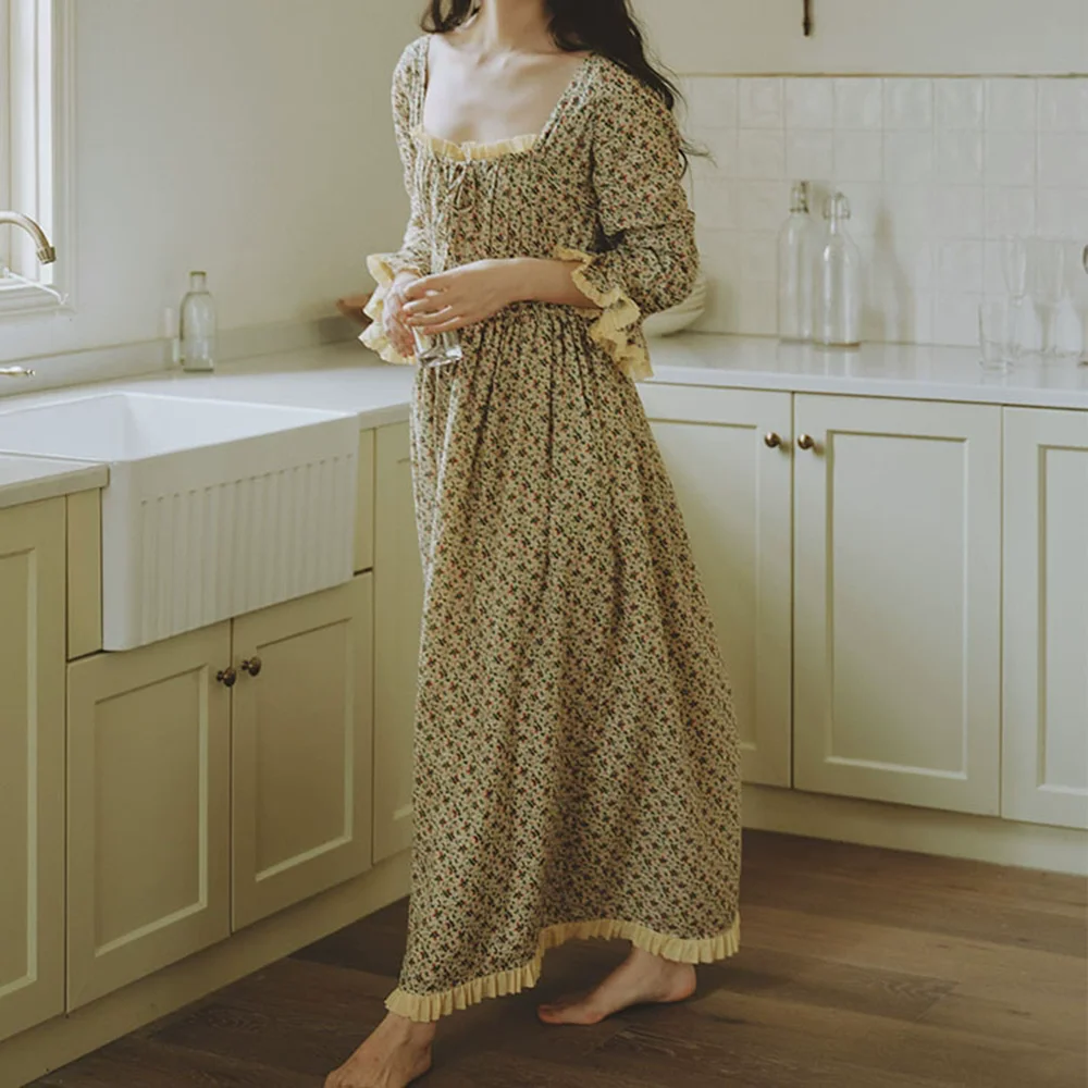 2026 new women long lengthened vintage retro nightgown floral print sleeping dress pajamas long sleeve morning gown robe