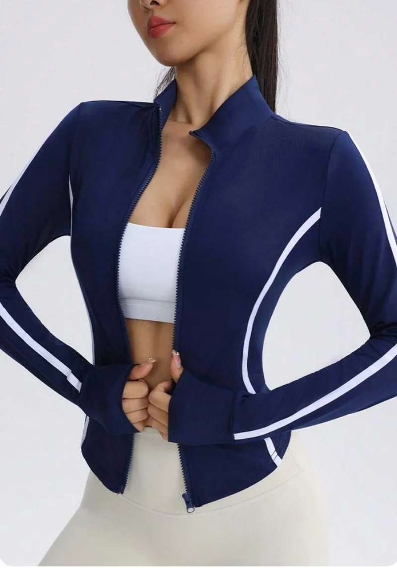 Women Navy Blue Yoga Jacket with White Contrast Stitching Slim Fit Full Zip Up Track Jacket High Neck Activewear Top for Workout image 5