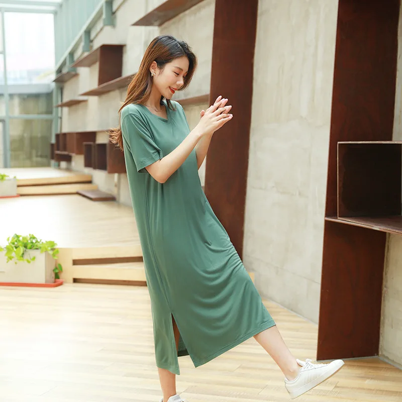 

Modal Nightdress Short Sleeve Mom Big Size Loose Homewear Solid Split Soft Sleepwear Fashion Sleepdress Casual Home Dresses