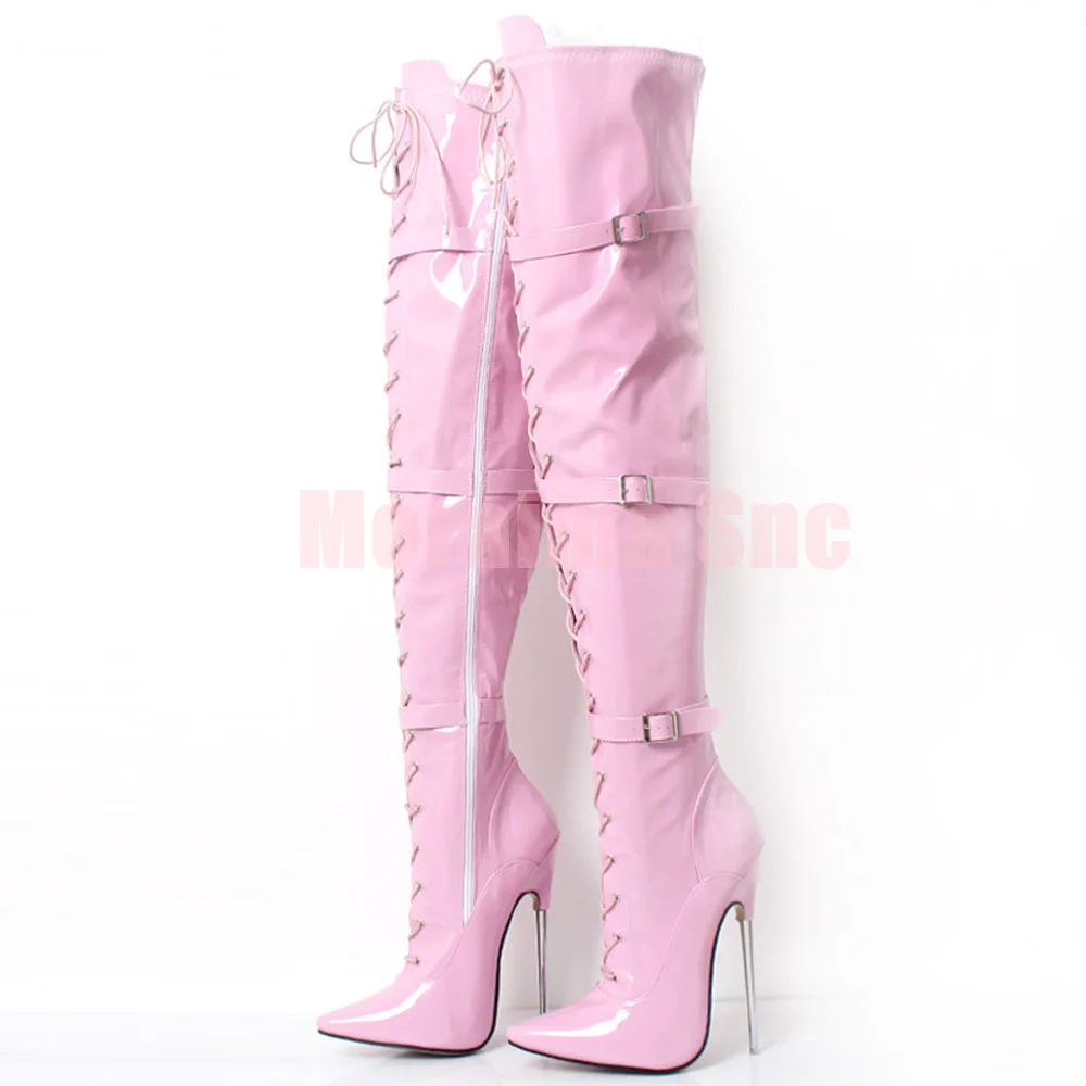 

Высокие сапоги до бедра с пряжкой на ремне и острым носком, лакированная кожа, боковая молния, металлические шпильки, сексуальные модные женские длинные сапоги на очень высоком каблуке