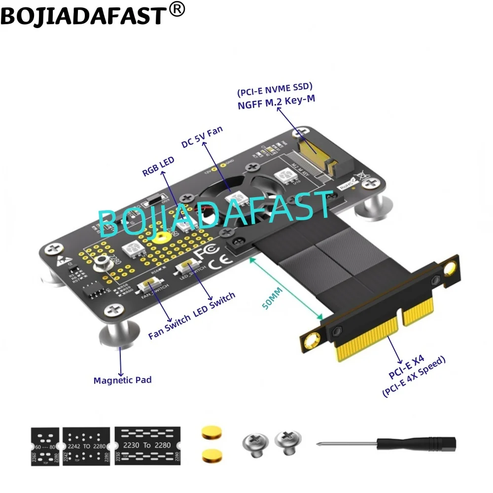 PCI-E 3.0 4X para NGFF M.2 Chave-M 2230 2242 2260 2280 NVME SSD Converter Adapter Card, Ventilador de refrigeração, Cabo de dados de alta velocidade, 50mm 5cm