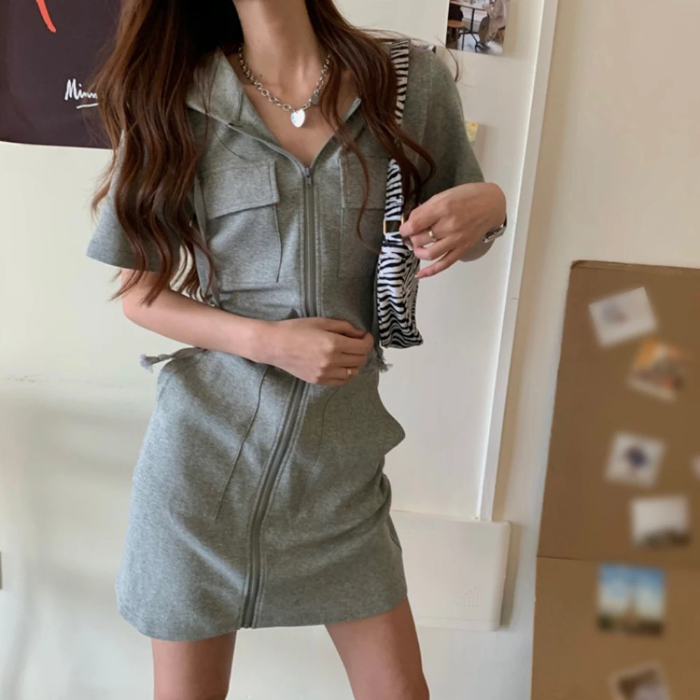 

Dress Summer Women\\'s Casual Hooded Front Zip Fly Drawstring Pockets Long Sleeves Mini Dress Slim Fit Sheath Bodycon Dresses