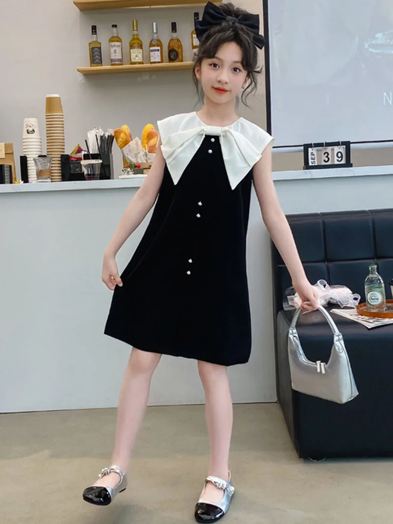 

Girls Summer New Black Clothing Summer Girl Dress With Big Bow Collar Children Aged 5 6 8 7 9 10 11 12 13 14 15 16 17 18 Years