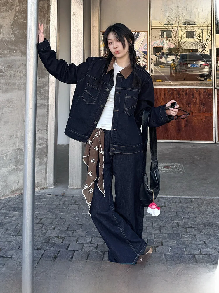 

Loose Fit Casual Sle Blue We Spring Patchwork Collar Denim Jaet Women's Versatile Retro Slimming Casual Denim Coat