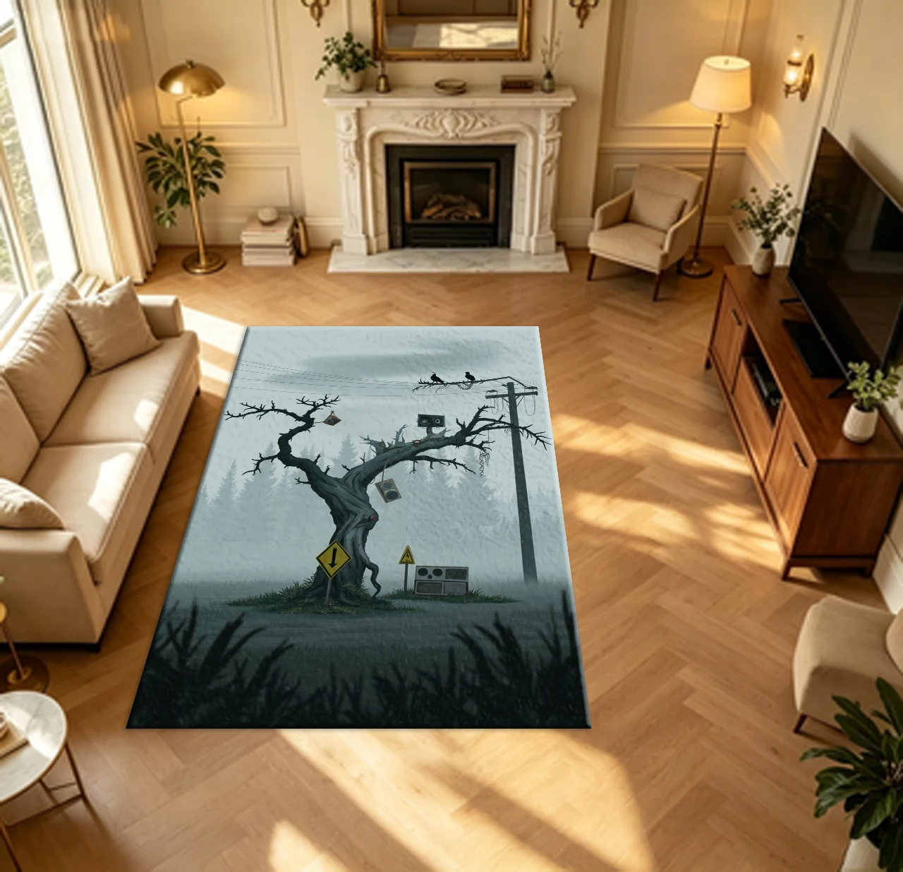 Spooky Twisted Tree Foggy Dark Forest Scene carpet flooring Mysterious Art Area Rug