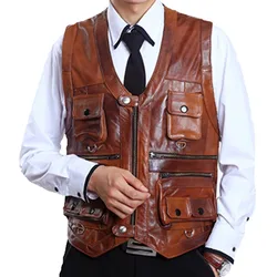 Cowhide Genuine Leather Vest Mens Brown Waistcoat Male Sleeveless Jacket Thick Motorcycle biker safety vest Multi Pocket coat