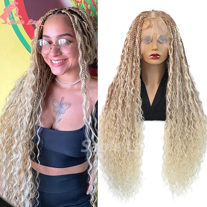 

Full Lace Bohemian Braid Wig Synthetic 32 Inch Box Braids Goddess Wig With Curly Hair Ombre Blonde 613 Cornrow Jumbo Braided Wig