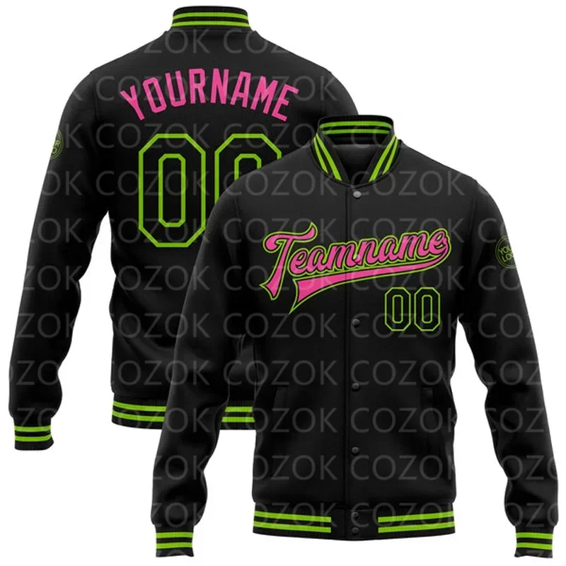 

Custom Black Green Pink 3D Printed Baseball Button Jacket Bomber Full-Snap Varsity Letterman Jacket