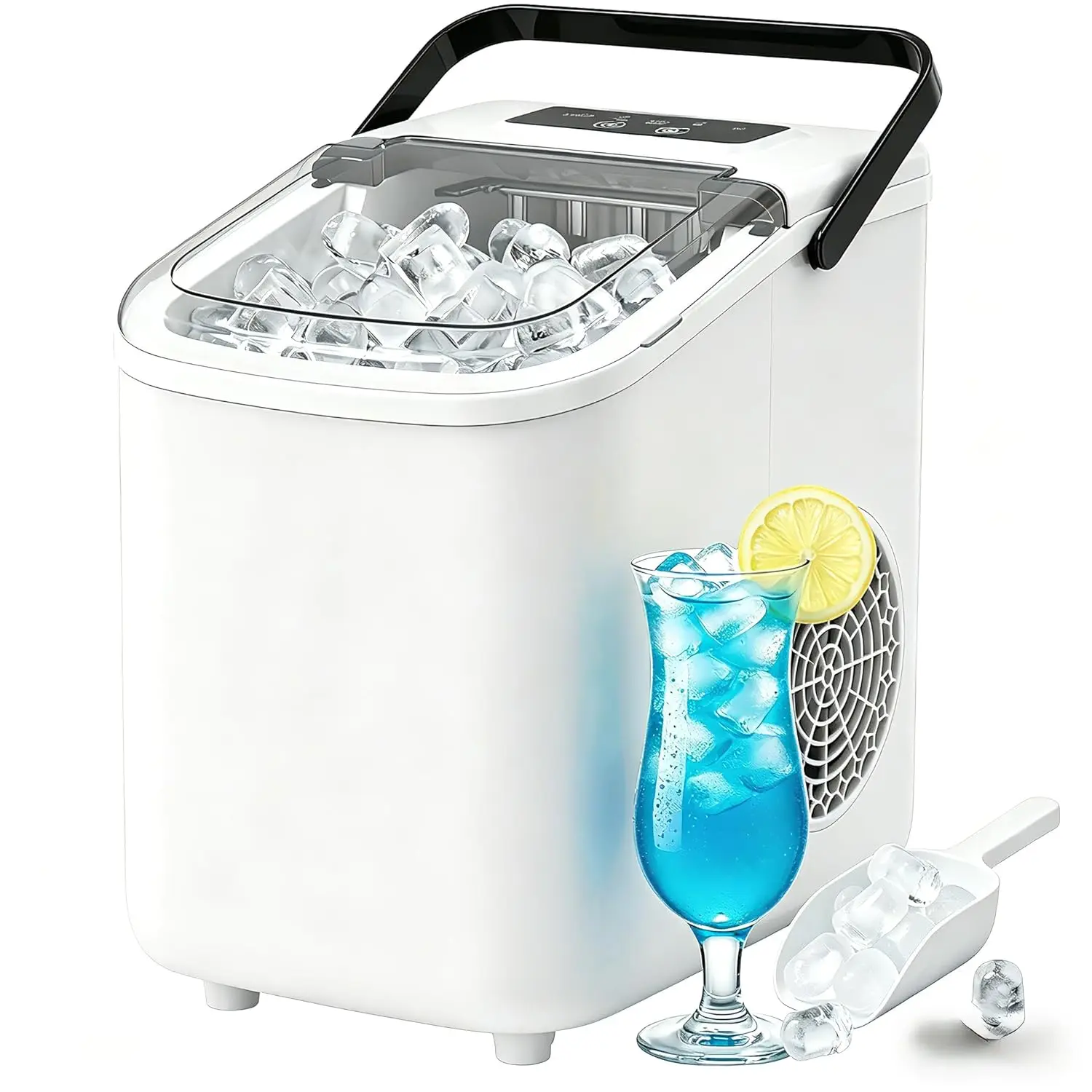 

Countertop Ice Maker with Handle, 26lbs/24H, 9 Ice Cubes in 6 Mins, Self-Cleaning, Portable for Home Kitchen Parties Camping