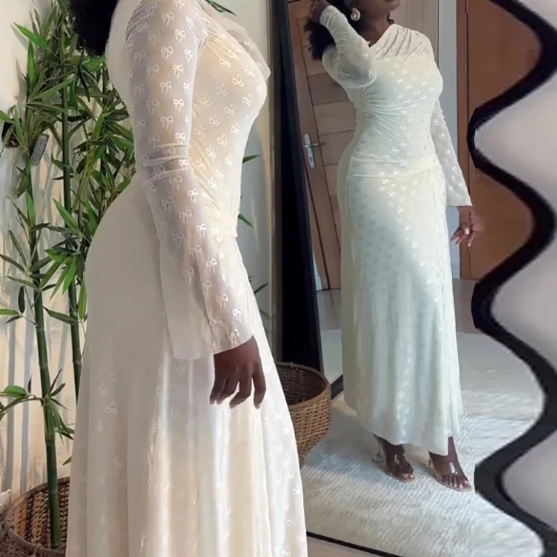 Vestido de manga larga con cuello Diagonal para mujer, vestido largo plisado ajustado con estampado de lazo y cintura alta para ir al trabajo, primavera