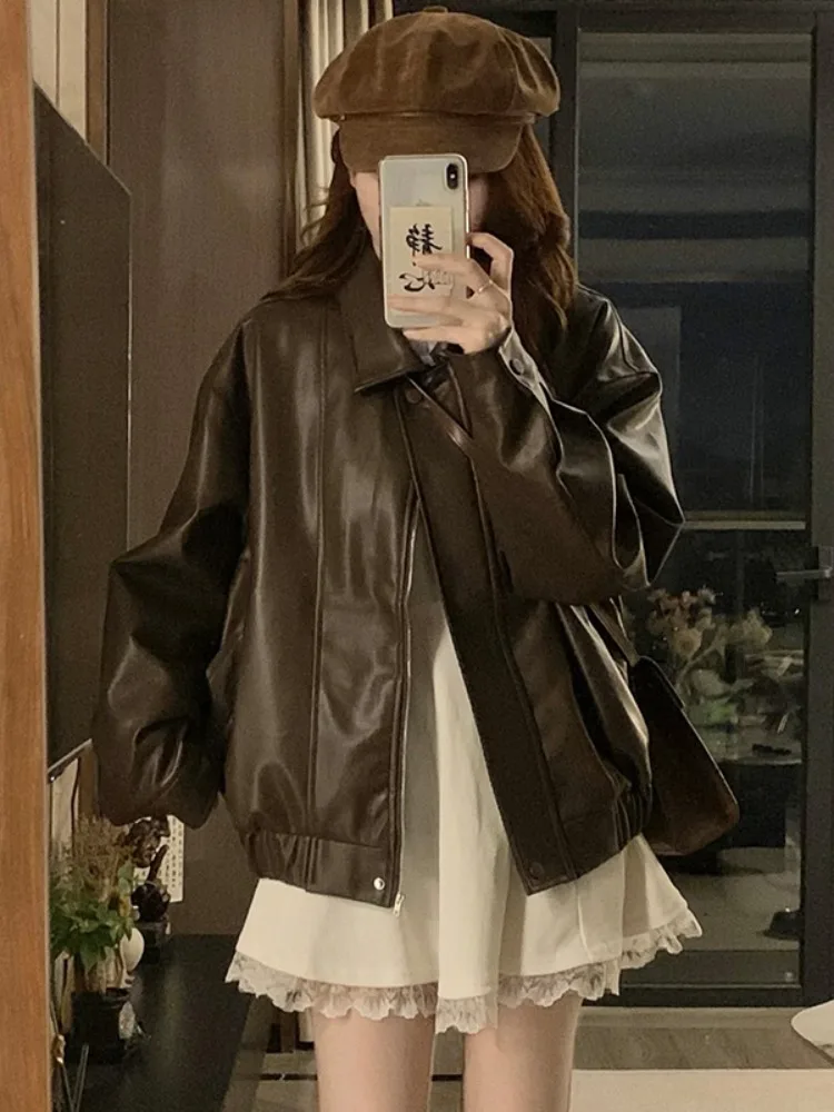 Kumikumi المرأة فضفاضة تناسب سستة بولي Leather الجلود Jaet Bla التخسيس تنوعا الخريف أعلى جودة المواد مريحة Sle