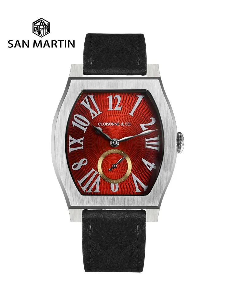 San Martin 36mm ETA 7001 Guilloche Dial Barrel Shaped Enamel Hand Luxury Men's Mechanical Watch Manual Winding Waterproof SN0100