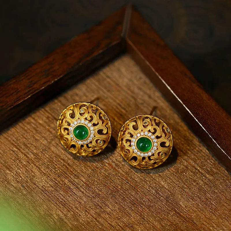 Traditional gold craftsmanship green chalcedony earrings S925 silver posts a touch of luxury versatile and unique