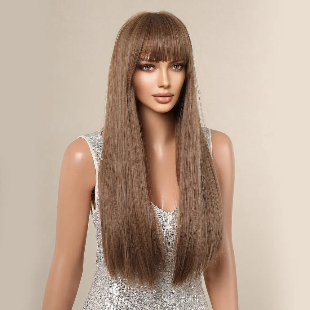 Long Straight Wigs Ombre Brown Full Hair Wig with Bangs Dark Root Synthetic