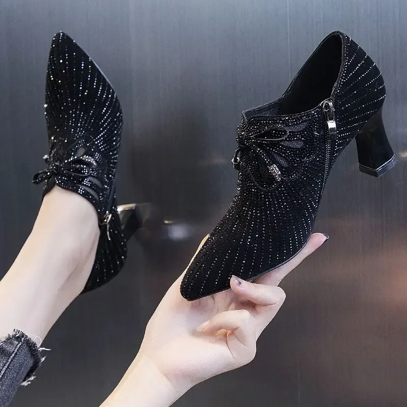 

Spring and Autumn New Style Pointed Toe Square Heel Fashion Women's Heeled Single Shoes Bow Decoration Party Elegant High Heels