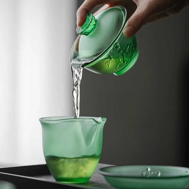 Elegant Imperial Green Glass Tea Cup Set Kung Fu Tea Cover Bowl Relief Design for Gifts Home Decor 3 PCs