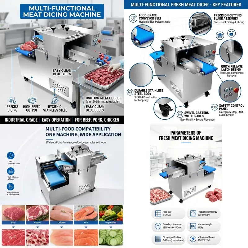 High Speed Fresh Meat Dicing Machine 500kg/h Automatic Cutting for Chicken Beef Pork Processing Lines