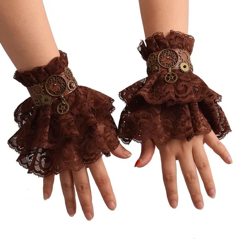 Steampunk Gloves Wrist Cuffs Women Gothic Punk Lolita Cosplay Hand Sleeve Brown Ruffled Lace Bracelets MN10