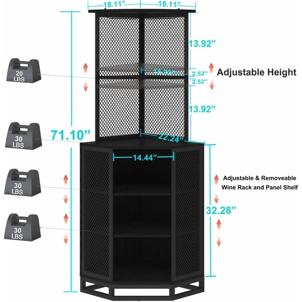 Corner Bar Cabinet, 5 Tier Corner Bar Cabinet for Liquor with Glass Holder, Industrial Tall Liquor Cabinet with with Adjustble