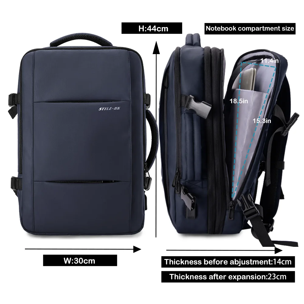 HK Multifunktionaler Herren-Reiserucksack, erweiterbarer Business-Rucksack, wasserdicht, große 15,6-Zoll-Laptoptasche mit USB, modischer Tagesrucksack