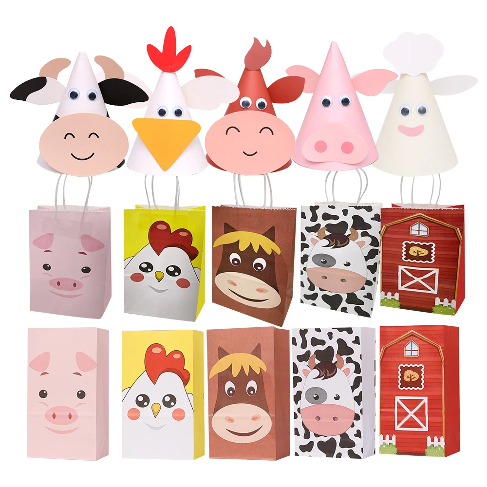 1 zestaw kartonowych torebek na prezenty dla zwierząt gospodarskich Papierowa torba na cukierki dla dzieci Farmland Animal Birthday Party Gifts Packaging Supplies