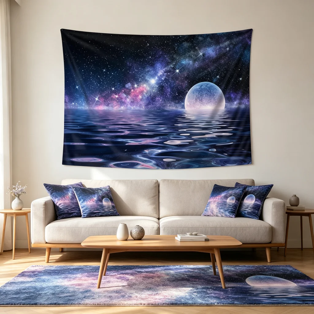 1PC Starry Moon Art Print Backdrop Banner, Bedroom Living Room Photo Background, Polyester, Home Decor, Wall Art
