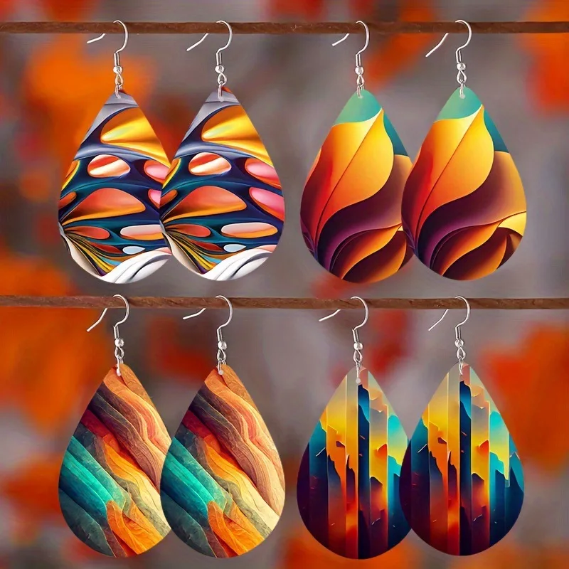 Simple bohemian style color water drop abstract double-sided pattern wooden ladies earrings gift, suitable for four seasons