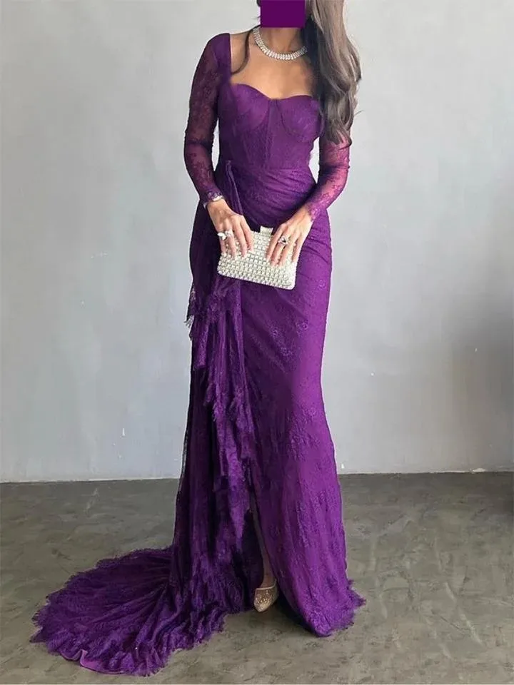 Flechazo Purple Lace Pleat Mermaid Evening Dress Square Collar Illusion Long Sleeves Sexy Side Slit Women Banquet Party Gowns