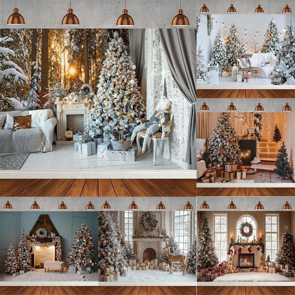 

Winter Christmas Tree Photography Backdrop Snowman Giftbox Family Xmas Eve Party Decor Fireplace New Year Background Props