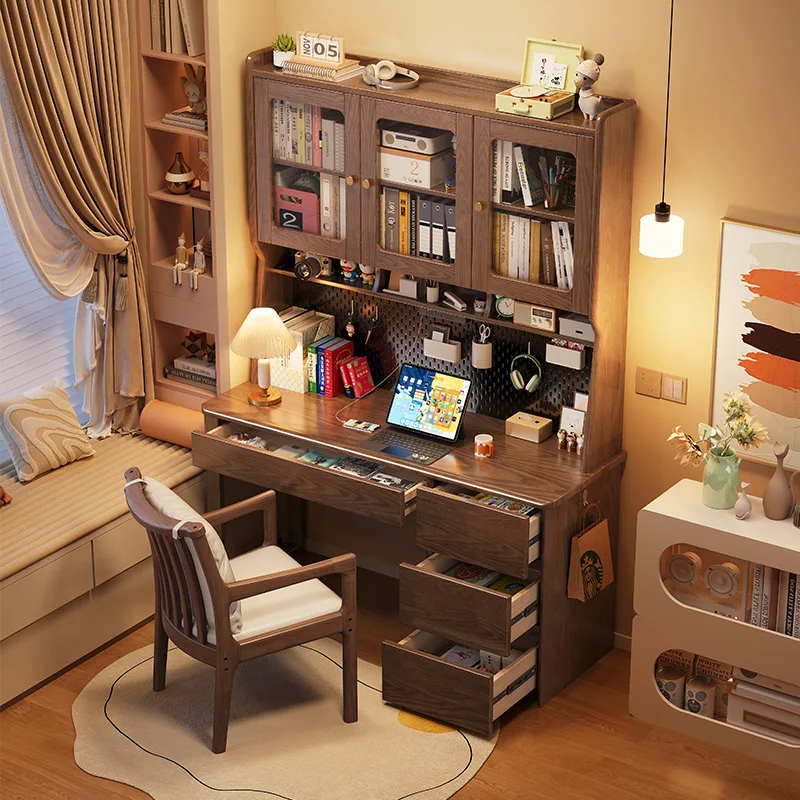 Hole plate embossed solid wood desk with bookshelf integrated table desktop bedroom living room computer table household