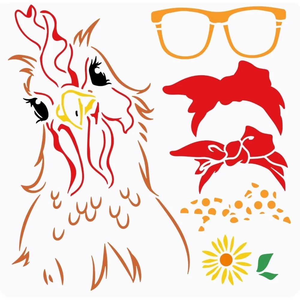 

Chicken Lady Painting Stencil 11.8x11.8 inch Hollow Out Rooster Pattern Drawing Stencil Reusable Bow Tie Eyeglass Frame Flower