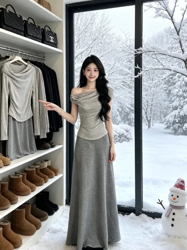 

Gray Summer Fashion Set for Women with Draped Halter Neck Top And Skirt Korean Style Casual Wear High Waist Lace Detail