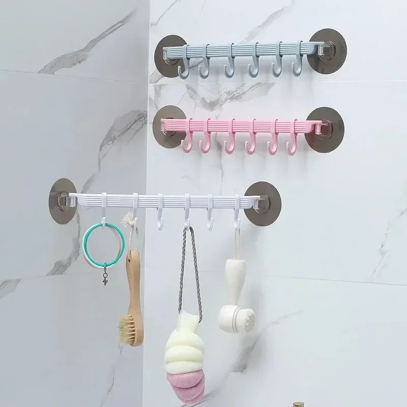 1pc Blue/White/Pink Suction Cup Type Hook 6 Rows for Kitchen Bathroom Corner Suspension Without Marks Portable Hanger Hook