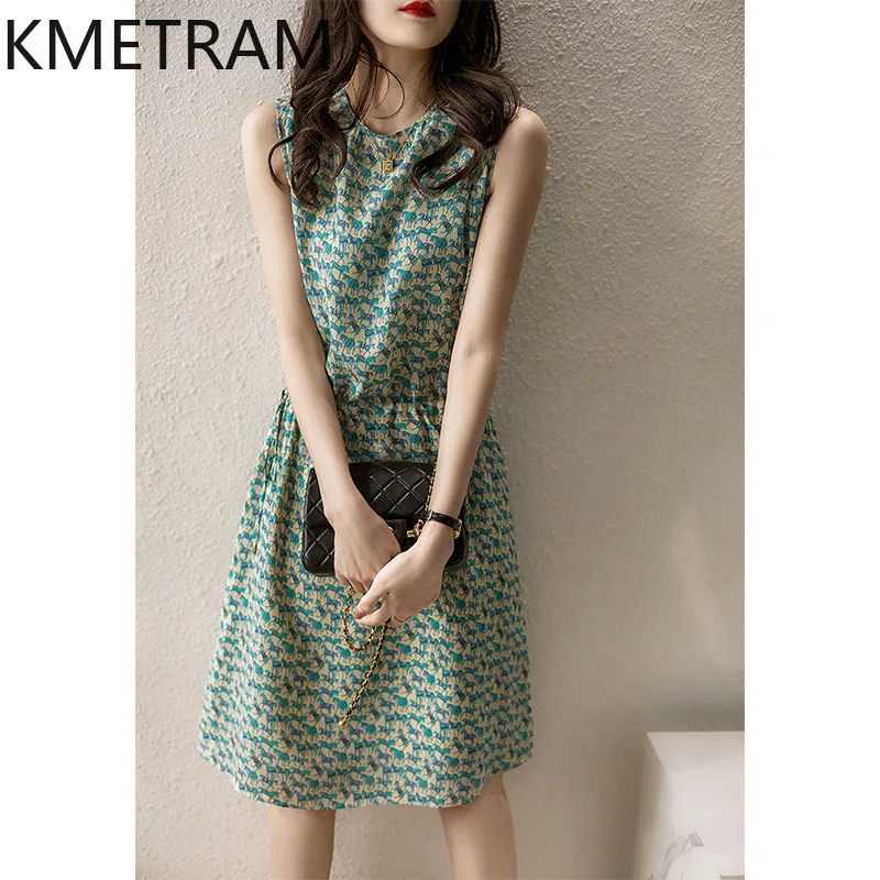 خواتین کے لیے KMETRAM Mulberry Silk Floral Vest Dresses 2024 Summer Mid-length Suspender Dress Sleeveless Clothing Robe Femme Été