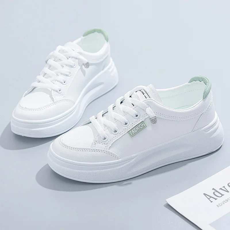 Zapatos De correr para Mujer, zapatillas De deporte con plataforma transpirable y cordones De cuero PU, color blanco, para verano y otoño