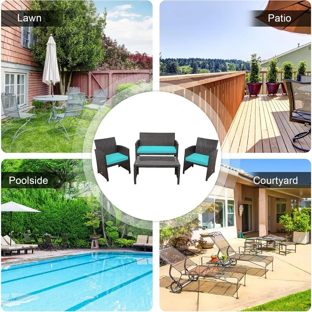 4 ชิ้นหวายชุดเฟอร์นิเจอร์ Patio,หวาย PE กลางแจ้งการสนทนาชุดเก้าอี้,Loveseat,โต๊ะกาแฟ,หมอนอิง